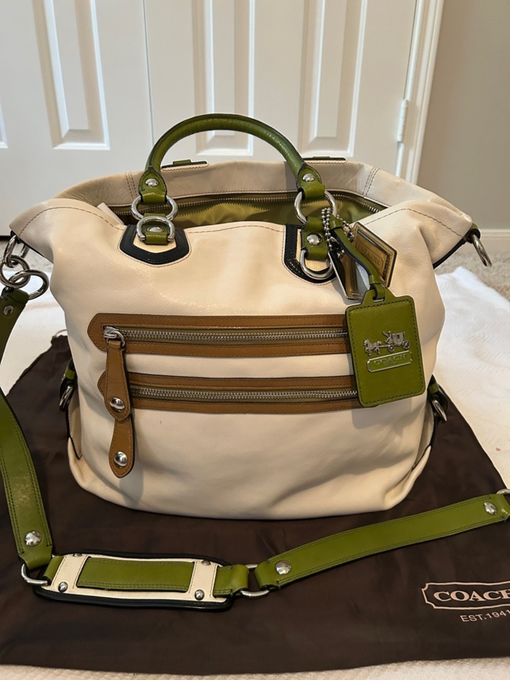 Madison Spectator Coach Large White Leather with Green Handles and Tan Trim